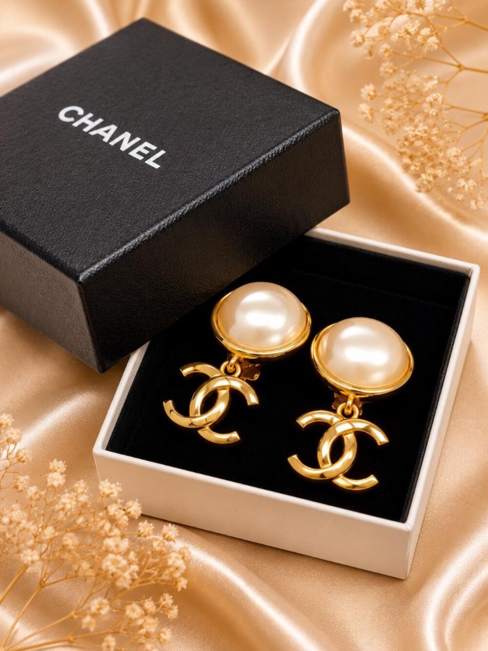 Chanel CC Faux Pearl Clip-On Earrings Gold Tone Vintage Designer Earrings
